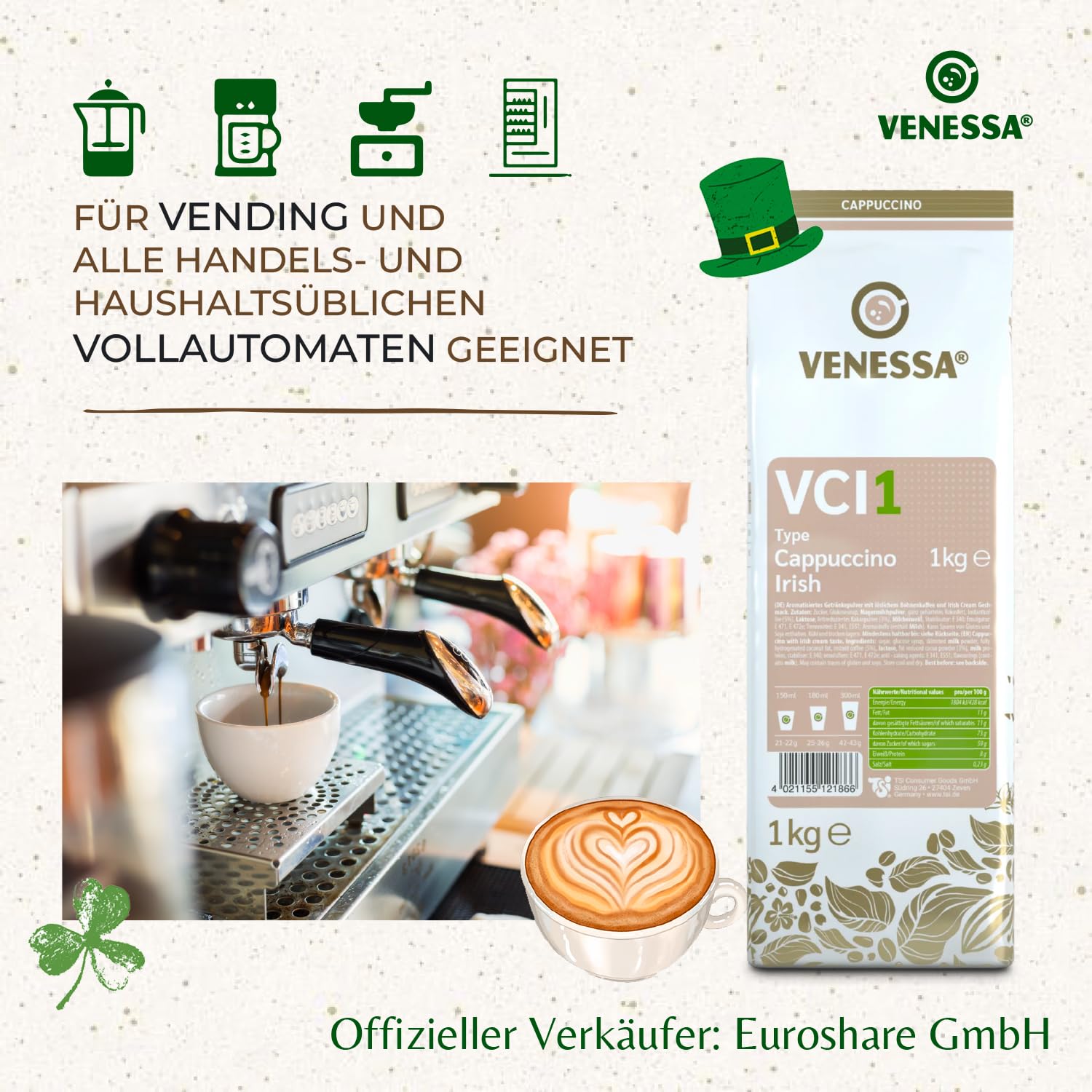 VENESSA VCI1 Cappuccino Irish 10 x 1 kg bardzo wydajny, opakowanie zapasowe, rozpuszczalna kawa irlandzka, aromatyczna, wszystkie ekspresy do kawy Vending & Office