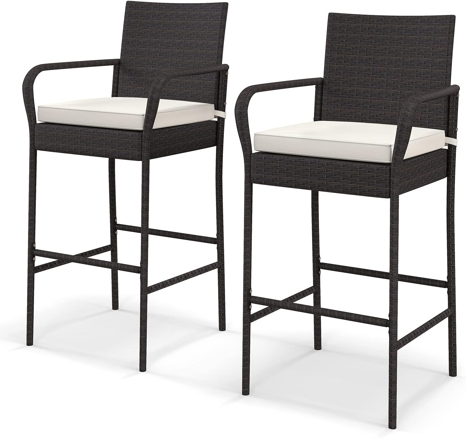 Tangkula Patio Wicker Barstools Set of 2, Outdoor PE Rattan Bar Chairs
