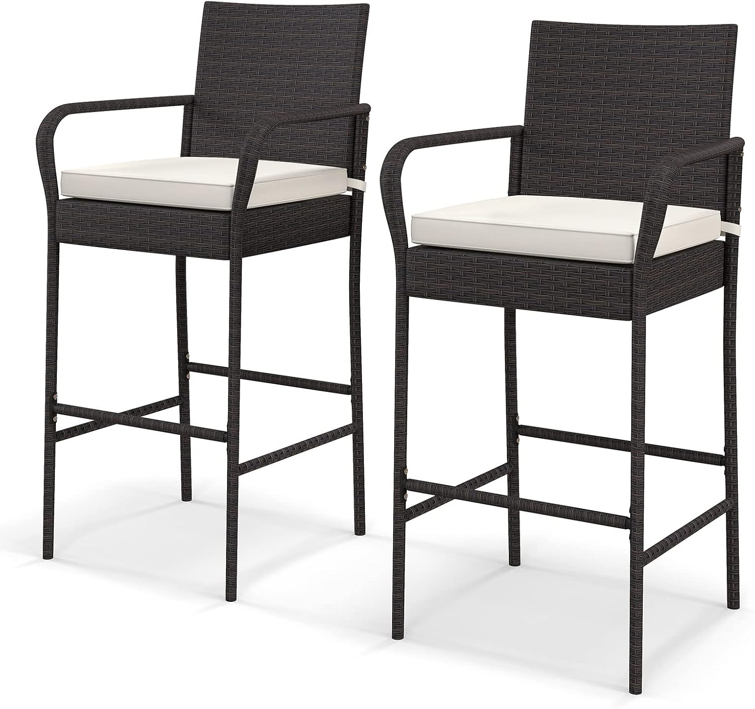 Tangkula Patio Wicker Barstools Set of 2, Outdoor PE Rattan Bar Chairs with Armrests & Soft