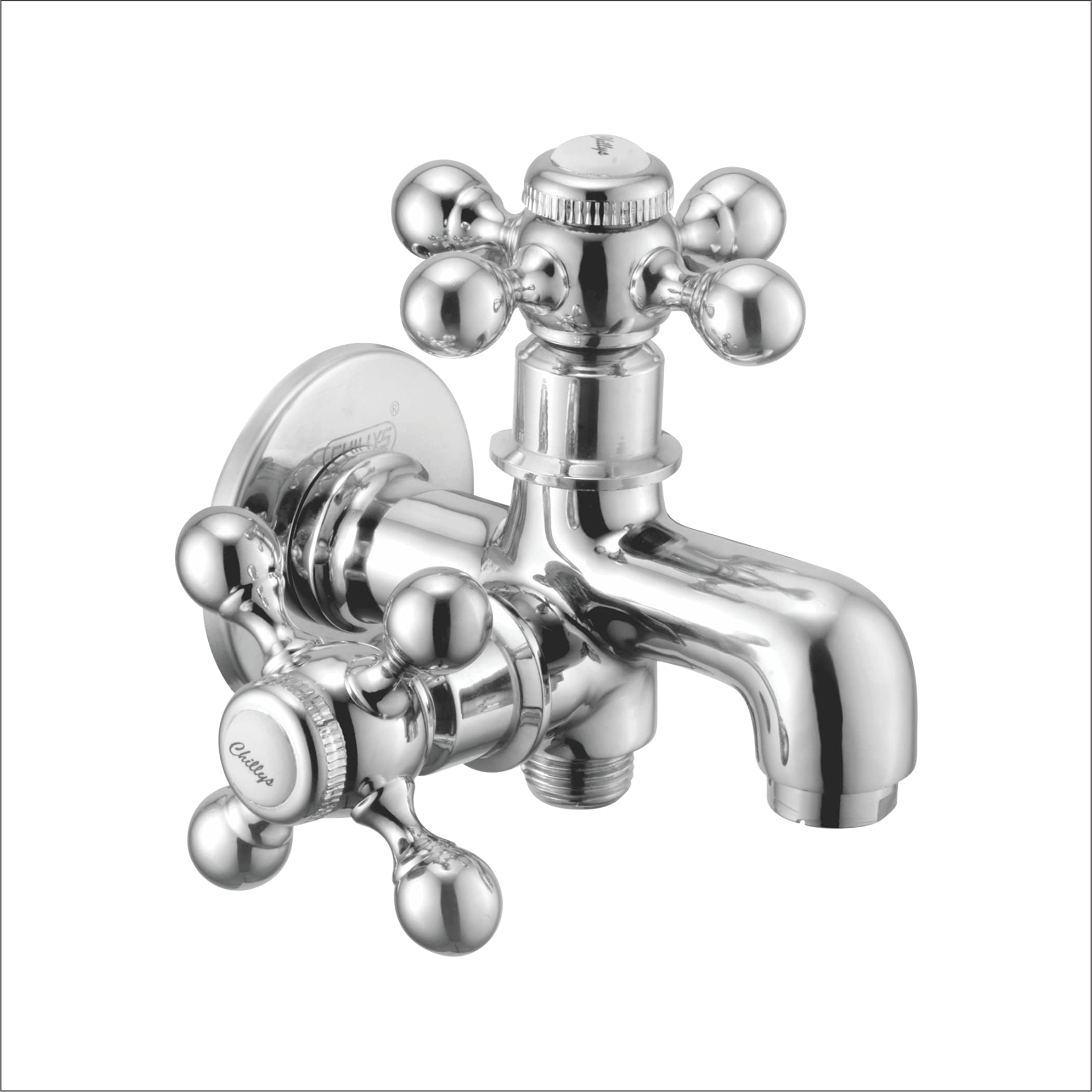 CHILLY-S Brass Two Way Bib Cock with Wall Flange, Suitable for Washing Machine/Kitchen/Bathroom, Heavy Duty, Chrome Finish