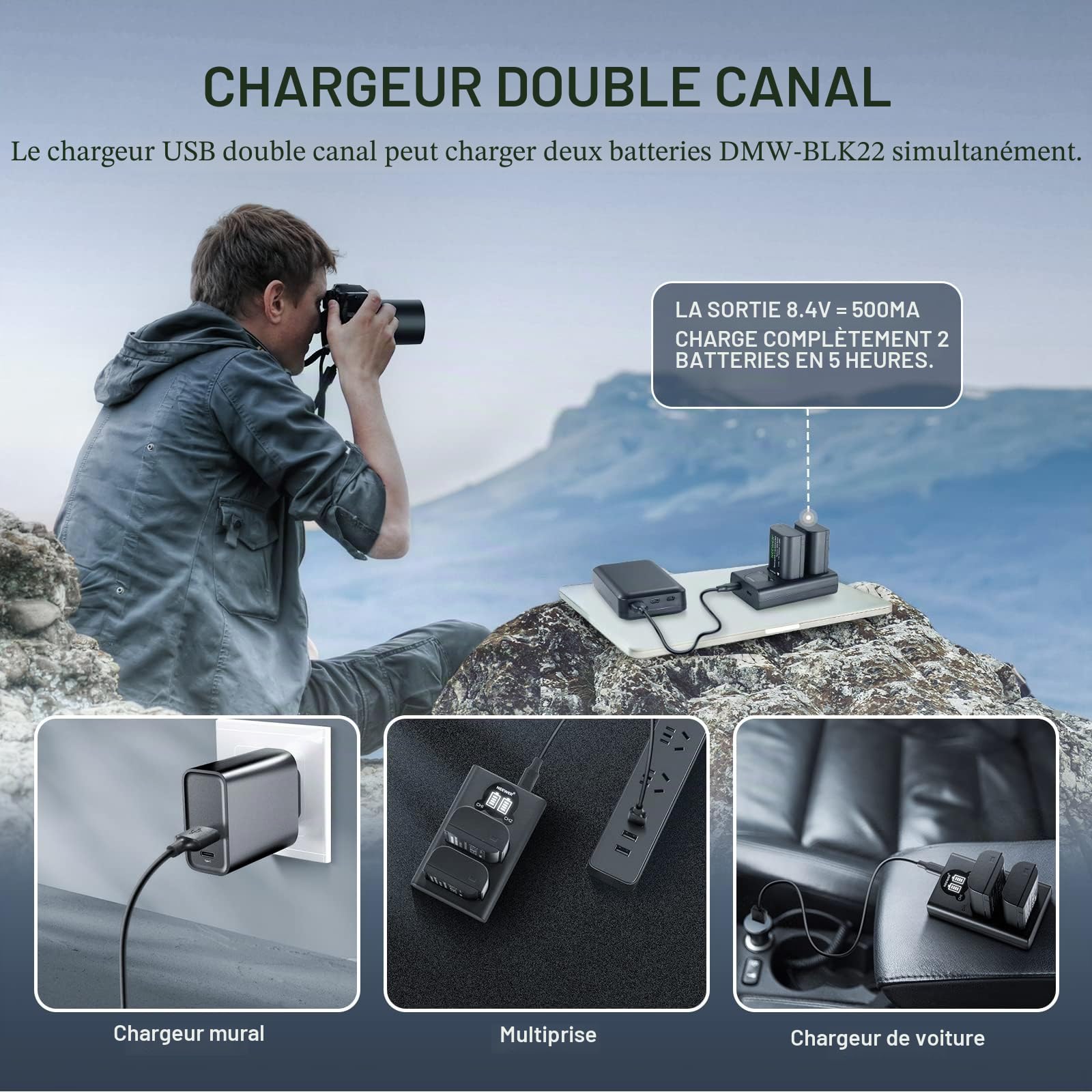 NEEWER Kit de Batterie et Chargeur de Remplacement pour DMW-BLK22, Compatible avec Panasonic Lumix DC-S5 GH5 II S5II GH6 S5 IIX S9, 2 Batteries 2400mAh et Chargeur USB Double Canal Type C