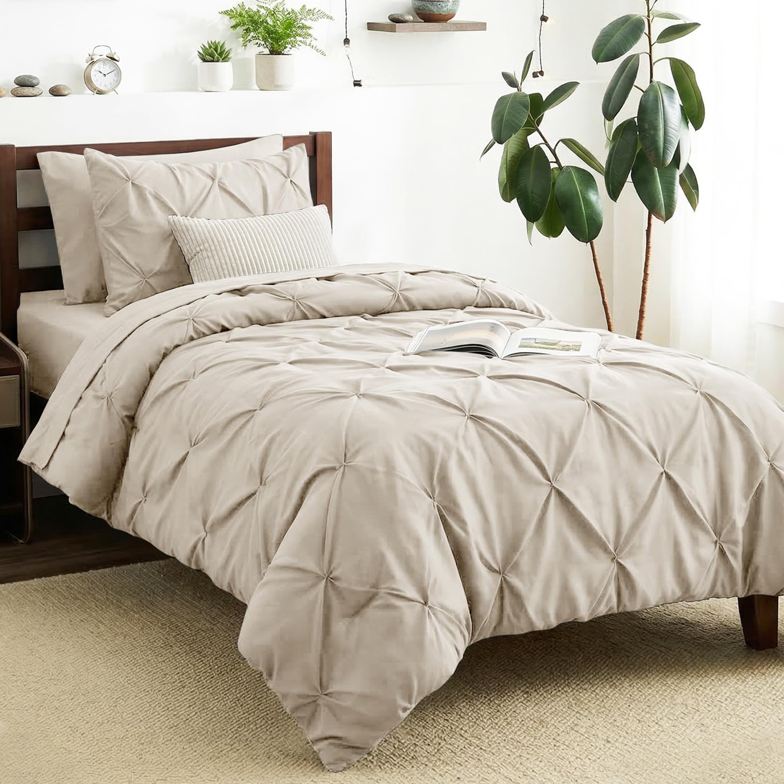 Photo 1 of CozyLux Twin XL Comforter Set Beige, 5 Pieces Twin Extra Long Pintuck Bed in A Bag for College Dorm, All Season Bed Set Gift, Pinch Pleat Bedding Set with Comforter, Sheets, Pillowcase & Sham