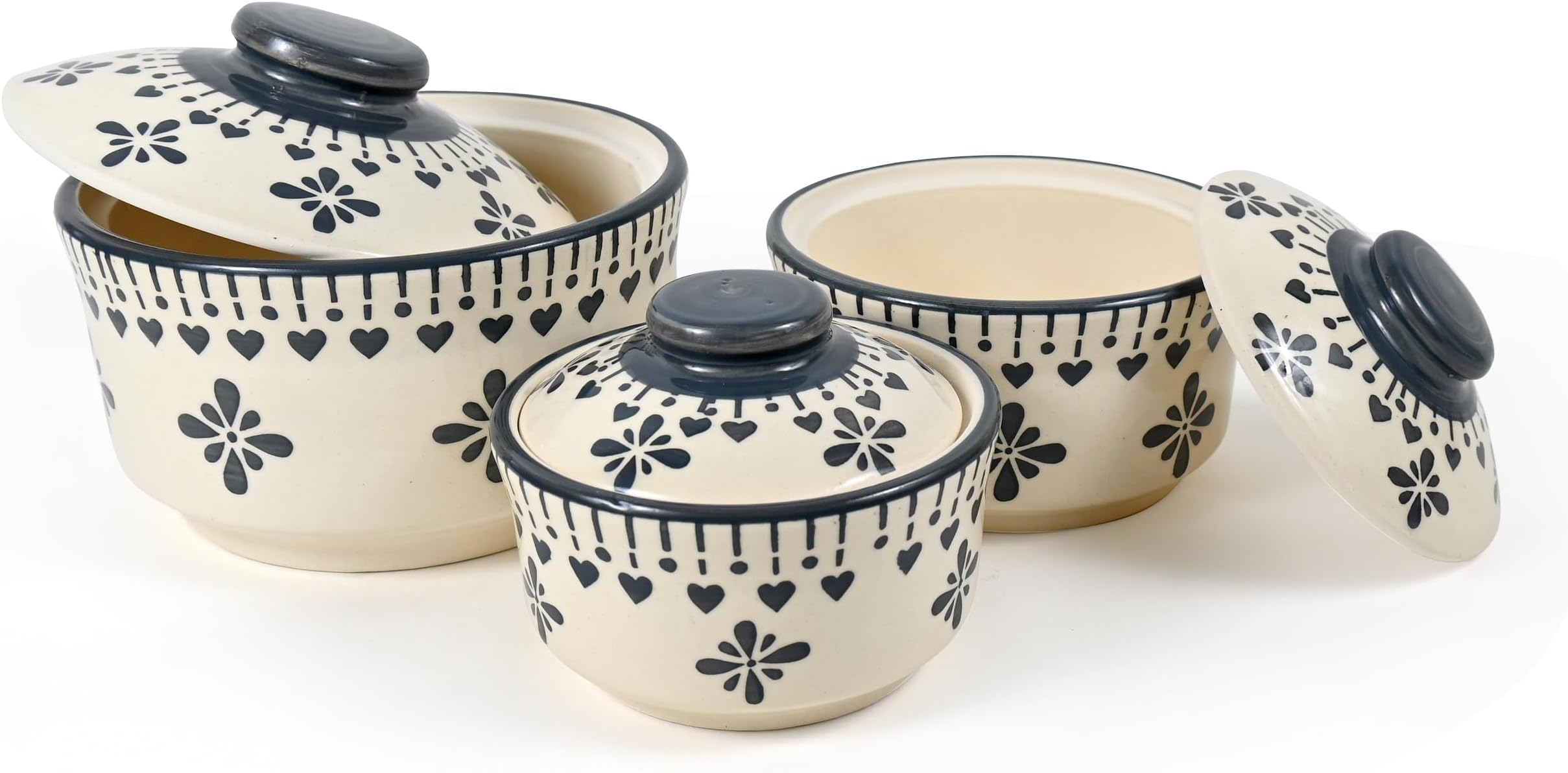 Ceramic Serving Donga Set With Lid - Gravy Donga Set - Dinner Bowl With Lid - (Set Of 3-750Ml 500Ml 250Ml) (Grey Jhallar Design)