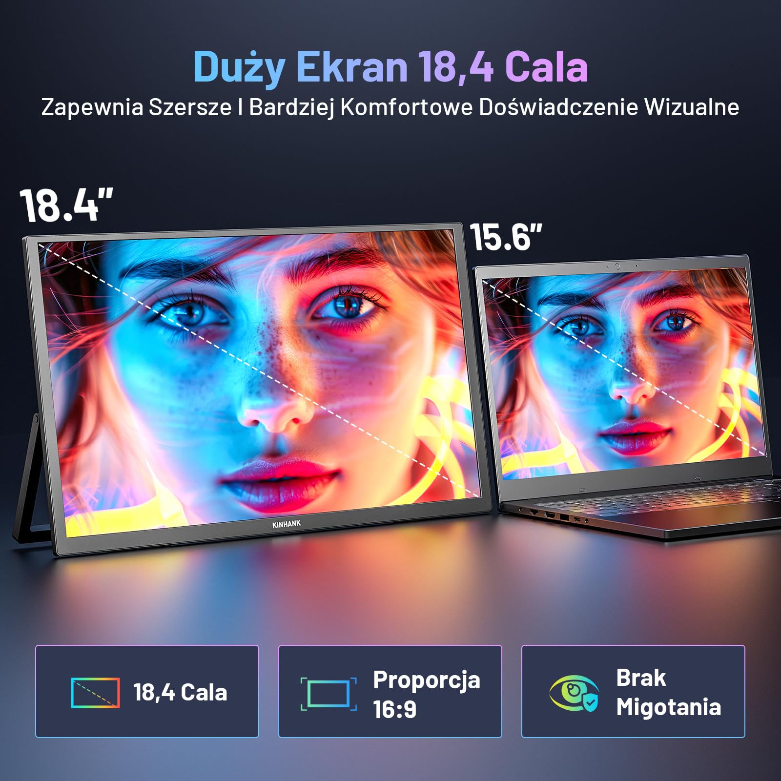 Przenośny monitor 4K 18", 3840 × 2160 UHD, przenośny monitor z systemem GTV OS, HDR, 85% NTSC, USB-C i HDMI, zewnętrzny ekran do komputera, komputera, PS5, PS4, Xbo/telefonu/konsoli do gier