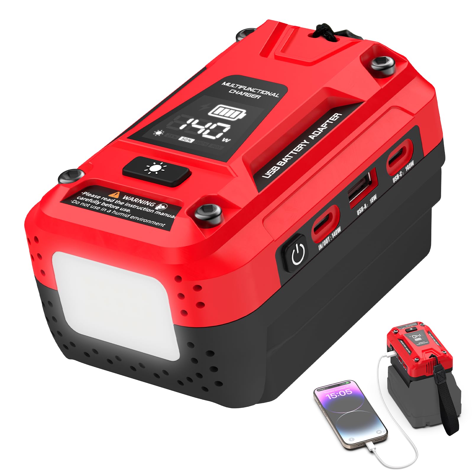 Photo 1 of 140W Battery USB Charger Compatible with Milwaukee 18V Battery, Fast Charger Adapter Replacement, Featuring 2 PD3.1 USB-C Port, 1 QC18W USB-A Port, 700LM LED for Outdoor Jobsite Camping(Adapter Only)