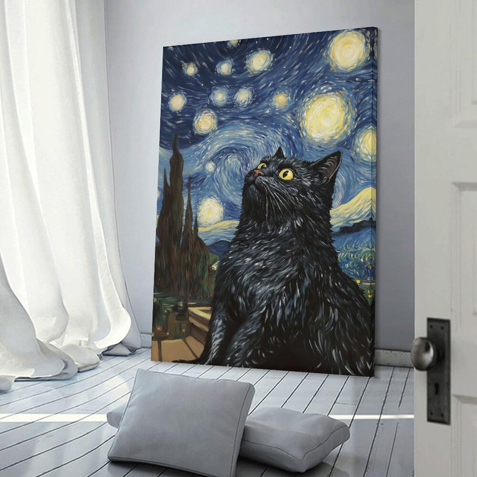 Junmoney Frame-Style-2 Starry Night Cat(2) Canvas Wall Picture, 20X30inch(50X75cm), For Wall Displays, Bedrooms Or Room Updates, Wall Decor Suited To Curated Displays