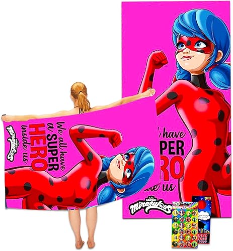 Miraculous Juego de toallas de playa de Ladybug, paquete con toalla de piscina de microfibra con calcomanías adicionales y más (juego de baño de