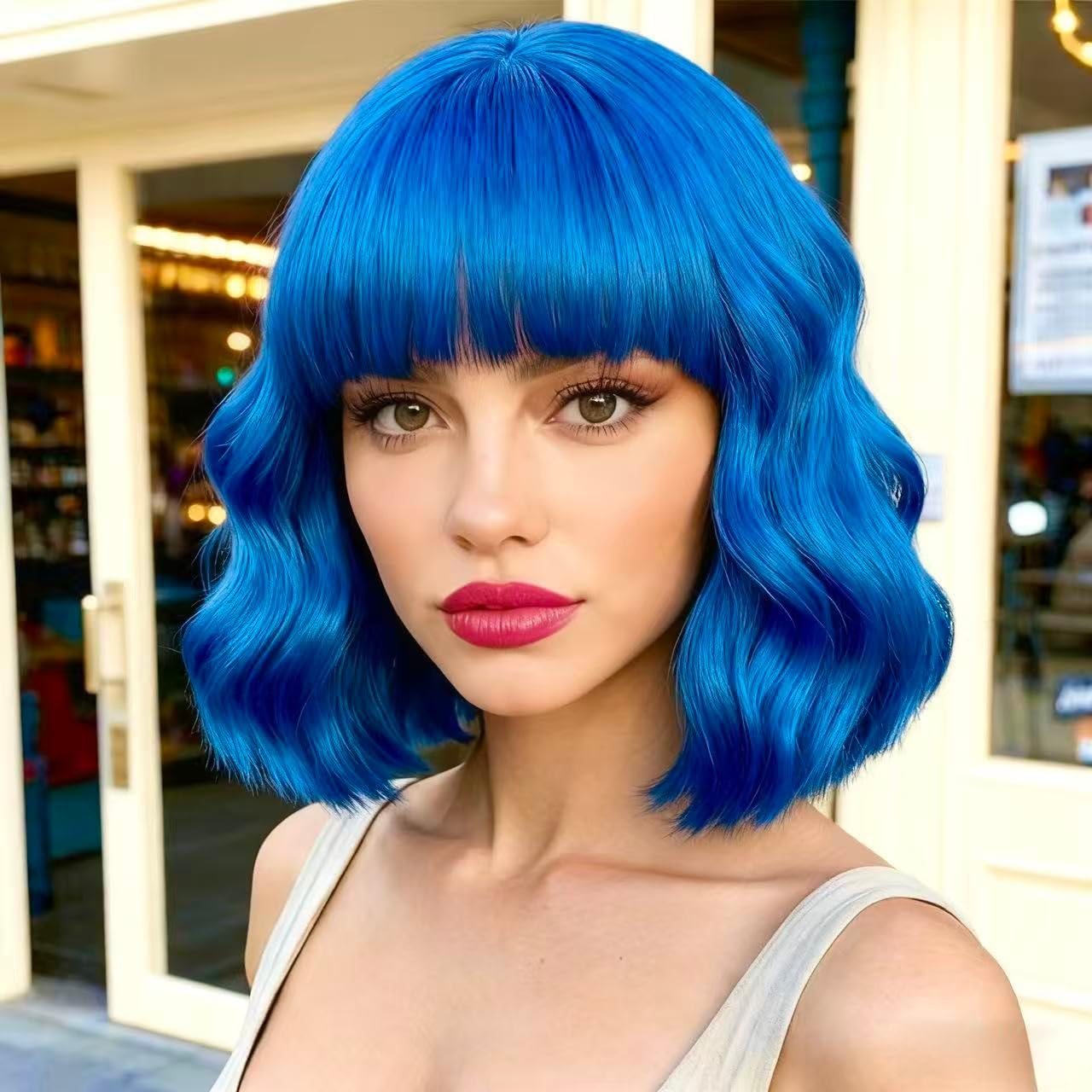 HWHRGL Blue Wigs with Bangs for Women 14inch loose wavy bob Wig With Bangs Curly Wavy Shoulder Length Bob Synthetic Wigs Colorful Wavy Wigs for