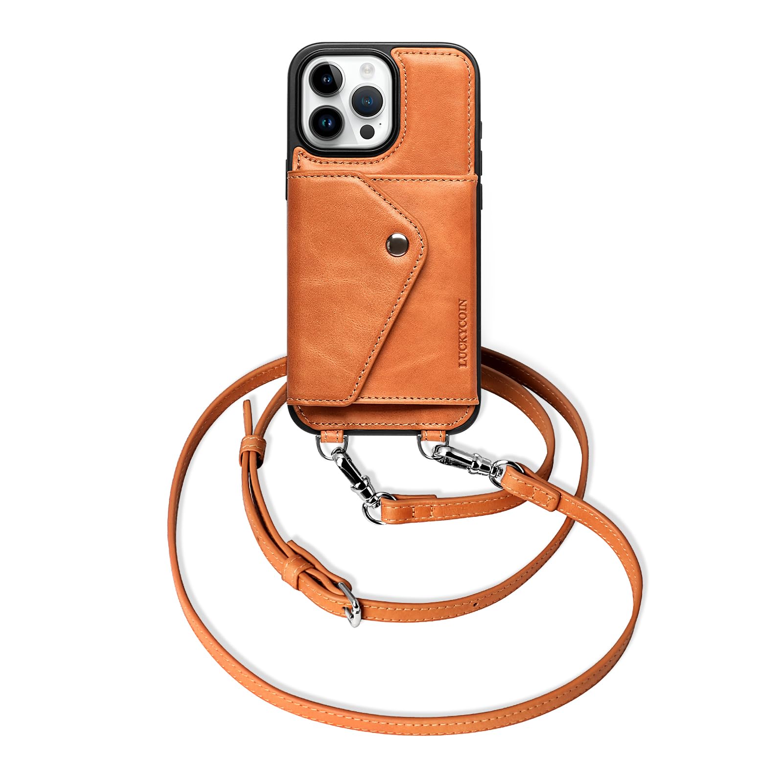 LUCKYCOIN for iPhone 16 Pro Max Crossbody Wallet Case – Genuine Leather Phone Purse with Adjustable Strap and Card Holder,Lanyard Phone Purse Case for