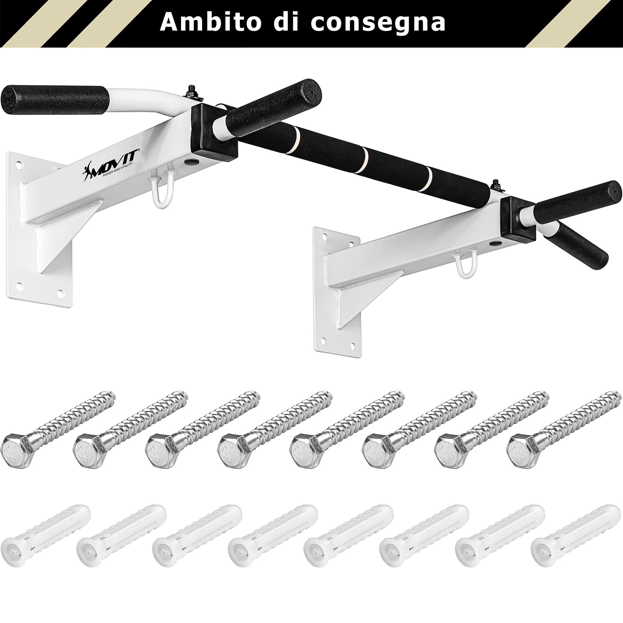 MOVIT Barra per Trazioni - a Muro, Professionale, Carico Massimo 350 kg, in Acciaio, Multifunzione, Antiscivolo, con Gancio e Viti - Sbarra per Sollevarsi, Allenamento, Fitness, Pull up Bar, Chin Up