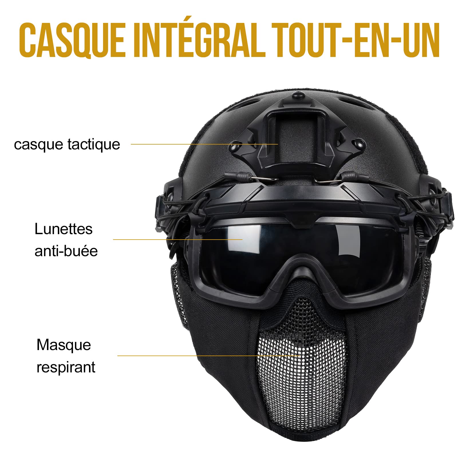 OneTigris Casque Tactique, Casque Airsoft Fast de Protection intégral avec Masque de Protection des Oreilles Pliable et Lunettes pour Airsoft/Paintball/Shooting Wargame/CS - 5