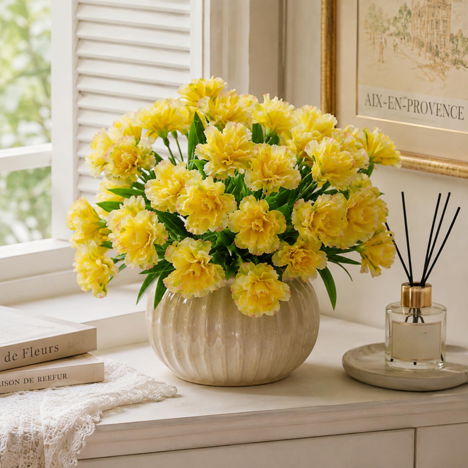 astylishome Artificial Carnations Flowers 11.8 Inch Real Touch Yellow Silk Flowers with Stems for Wedding Bouquets, Bridal Centerpieces, Home Floral Arrangements & Table Decor F2136