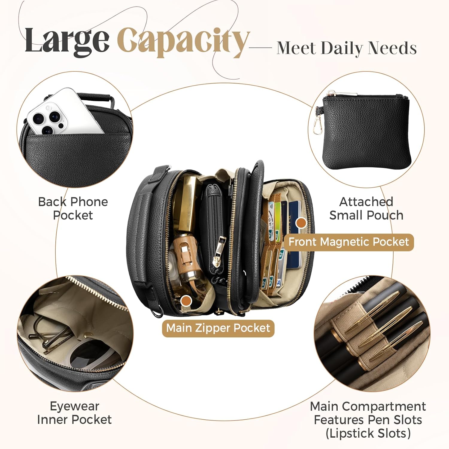 Vegan Leather Crossbody Bag for Women with 2 Straps, Small Messenger Bag with Wallet, Anti Theft Shoulder Bag - Image 7