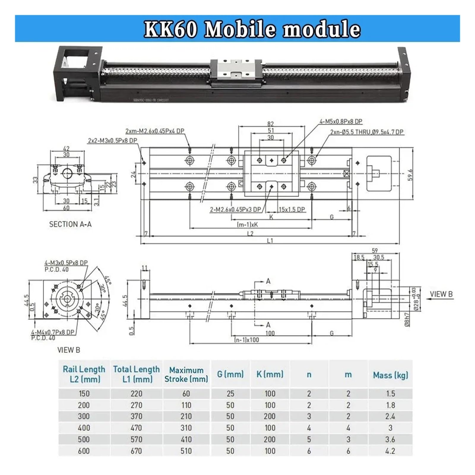 Glissière à vis à Billes KK60 Module de Mouvement linéaire Course de 60 à 510 mm Répétabilité ± 0,01 Guidage Industriel Support Nema 17(10mmPitch-60 Stroke)