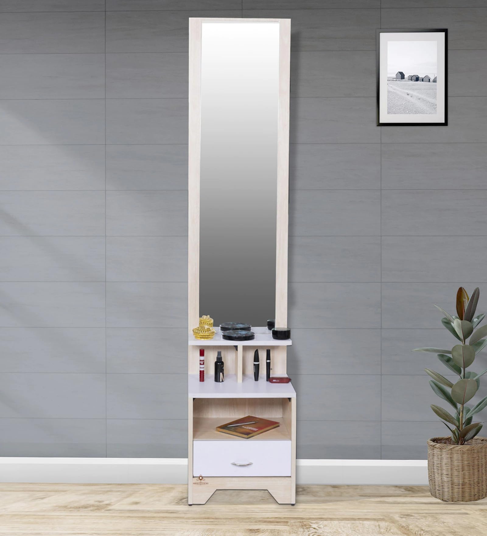 ABBAJI INTERIORS Engineered Wood Dressing Table with 2 Shelves and 1 Drawer (White Ivory)-picture-27