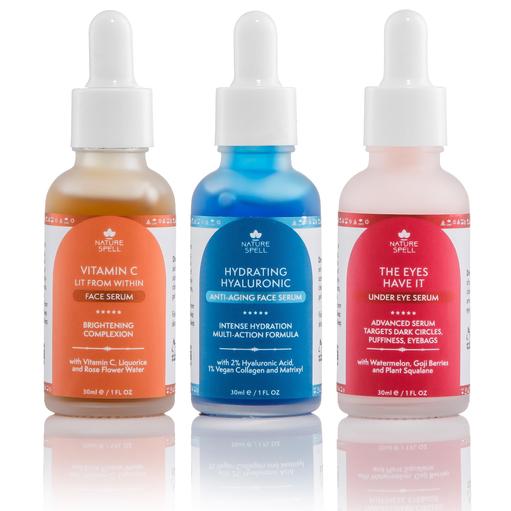 Nature Spell Supreme Serum Skincare Trio, Brightening Vitamin C, Hyaluronic Acid & Dark Circle Under Eye Corrector, 3 x 30ml