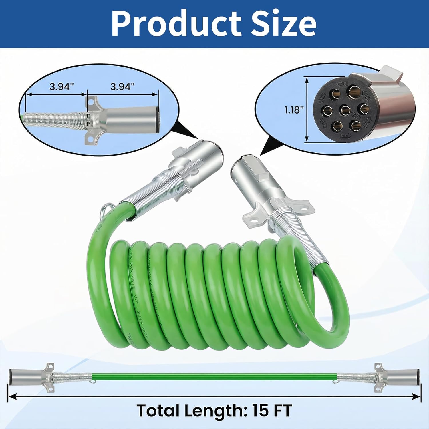 High Soar 7 Way Plug ABS Coiled Cable Assembly for Power Brake Lights Green Jacket for Semi Truck Trailer Tractor 12 FT