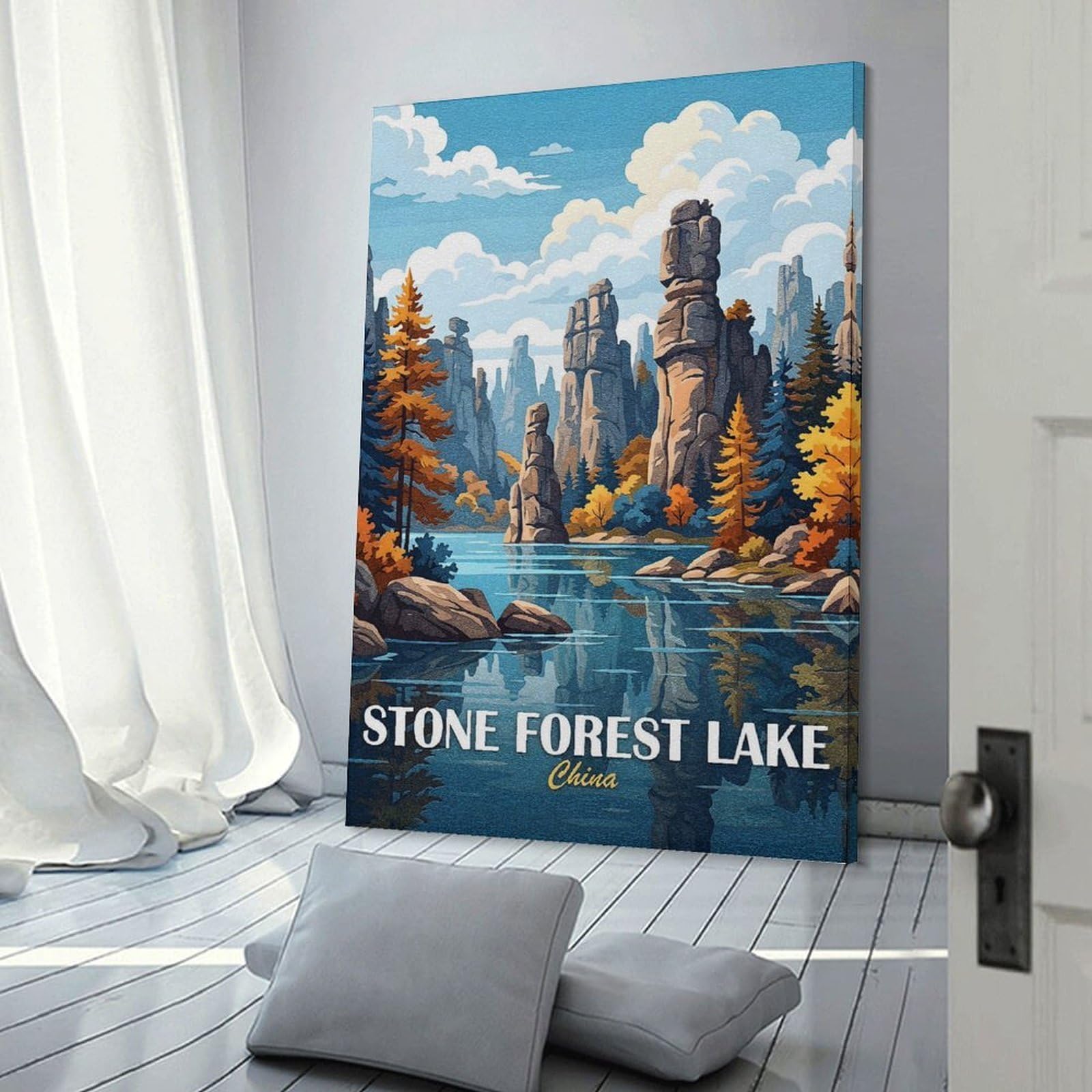 Junmoney Canvas Wall Picture Stone Forest Lake, China, 20x30inch(50x75cm), for Calm Bedrooms, Home Corners Or Flats, Decorative Wall Art for Cosy Rooms