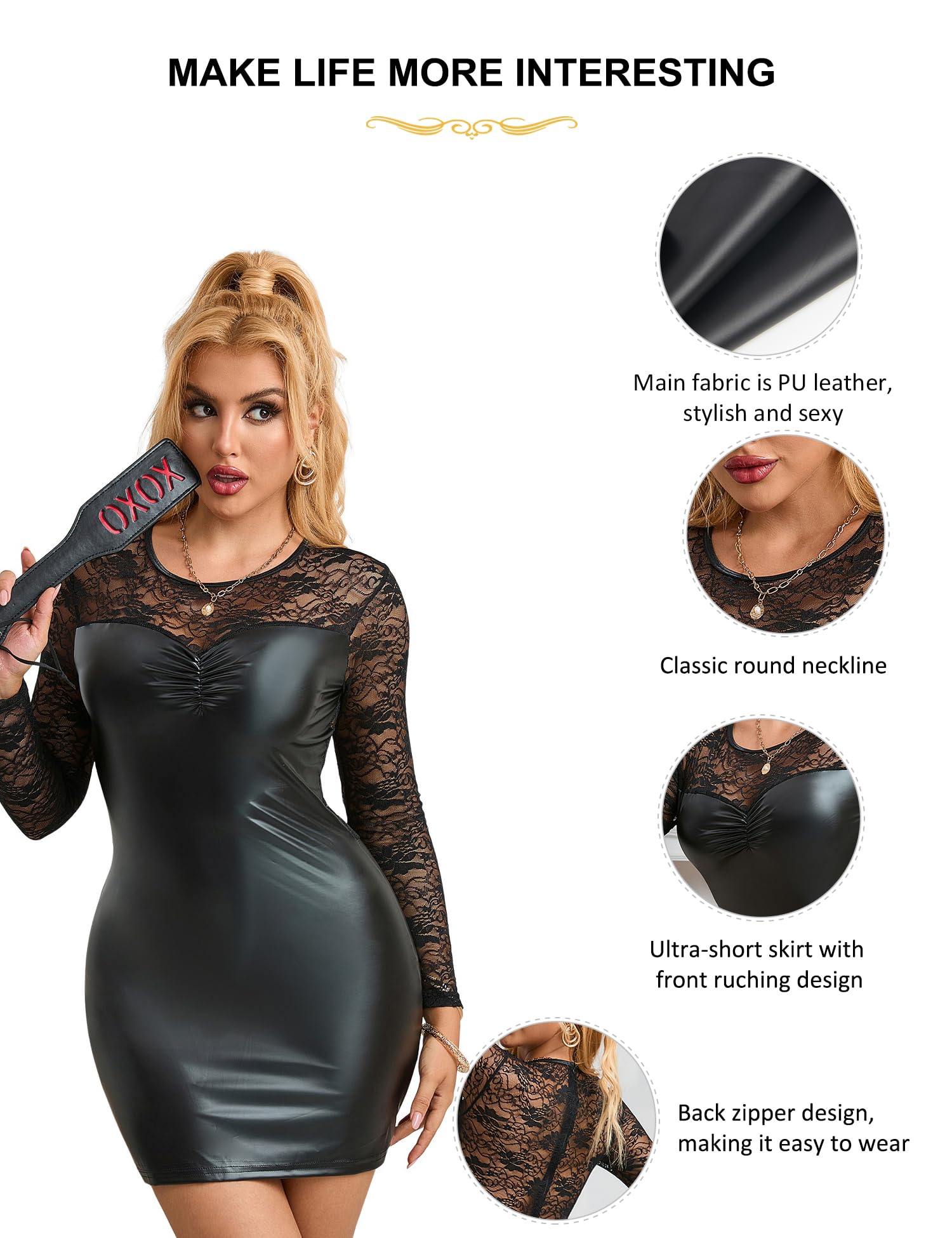 ohmydear Robe Sexy Femme Erotique Club Libertin Grande Taille Silimi Cuir Mini Jupe Courte Manche Longues Lingerie Dos Nu De Cocktail Soirée Moulant Tenue Sexy sous-Vêtements