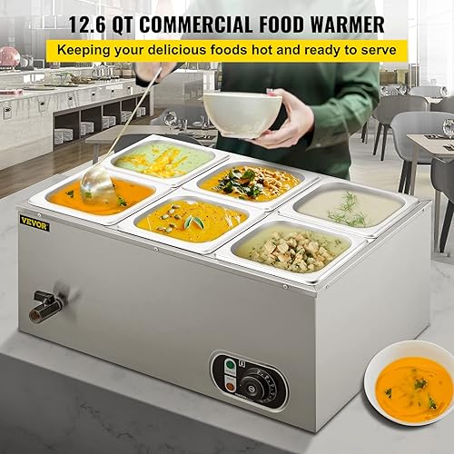 Miniatura 3 de VEVOR Calentador comercial de alimentos 6x16GN, 6 bandejas de acero inoxidable Bain Marie de capacidad de 12.6 cuartos de galón, mesa de vapor de