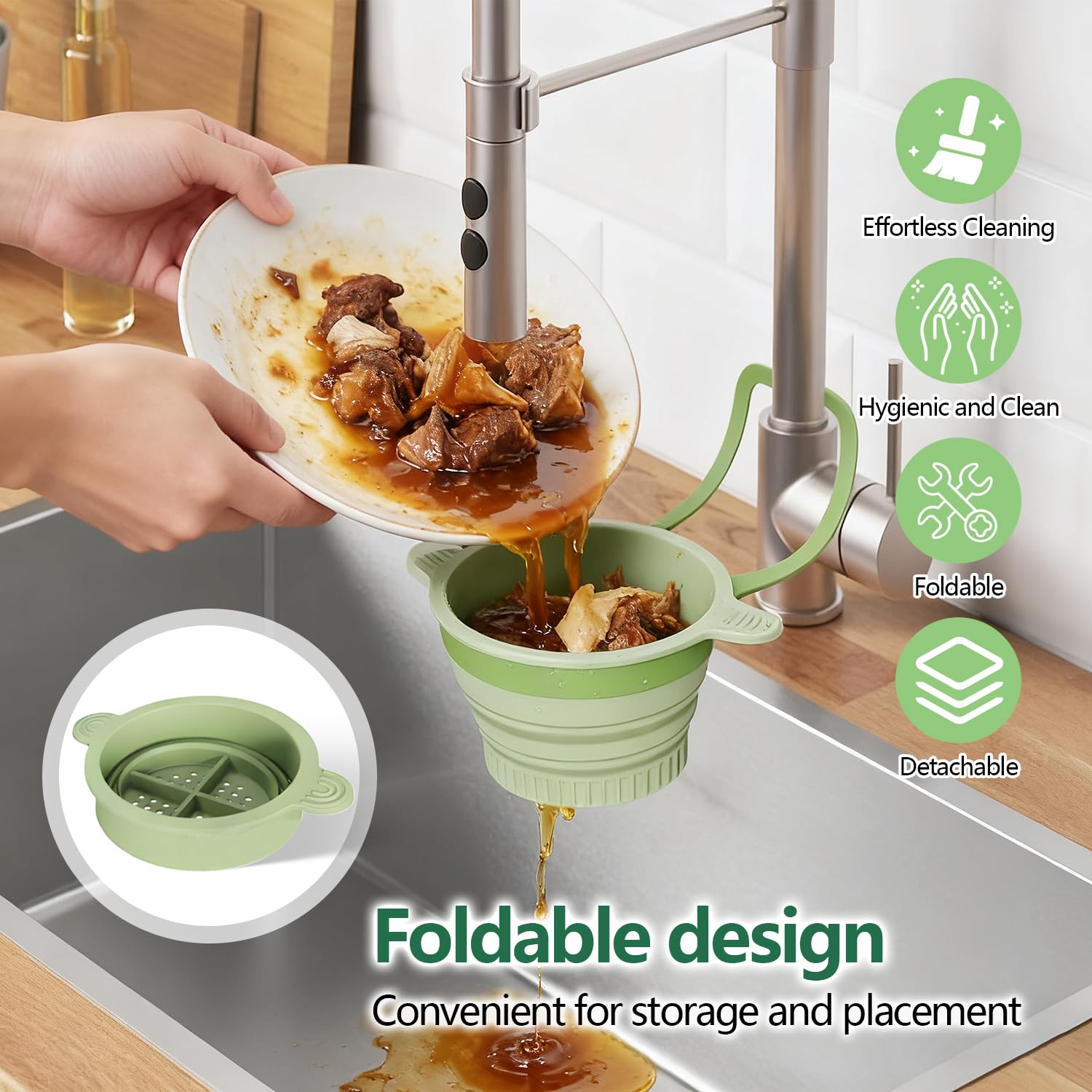 Pieghevole Cestello di Scarico per Lavello da Cucina, Cestello Filtro per Lavandino in Silicone, Rimovibile da Appendere, per Filtrare i Residui di Cibo e Prevenire L'Intasamento del Lavello (Verde)