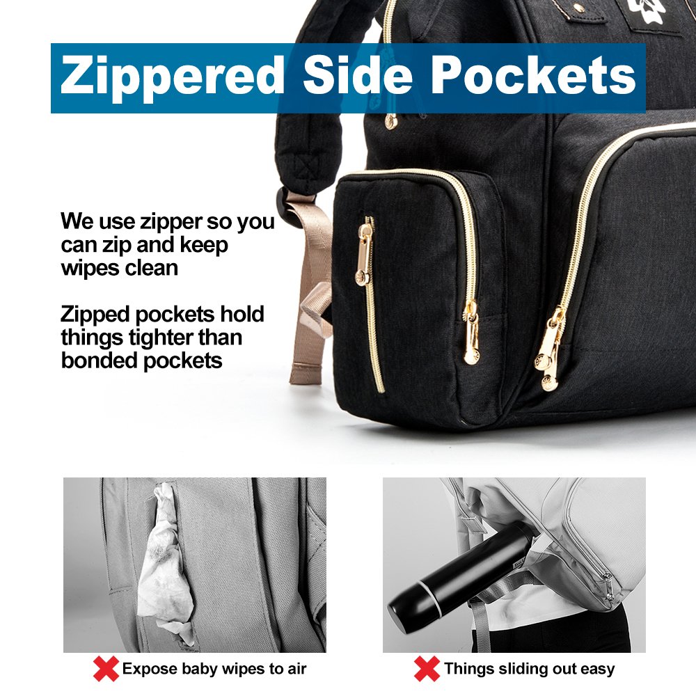 Baby Diaper Bag - Multifunctional Backpack Diaper Bag with USB Port, Waterproof Linings, Insulated Bottle Pockets, Stroller Straps and Wide-Open Design, Unisex and Durable (L, Black)