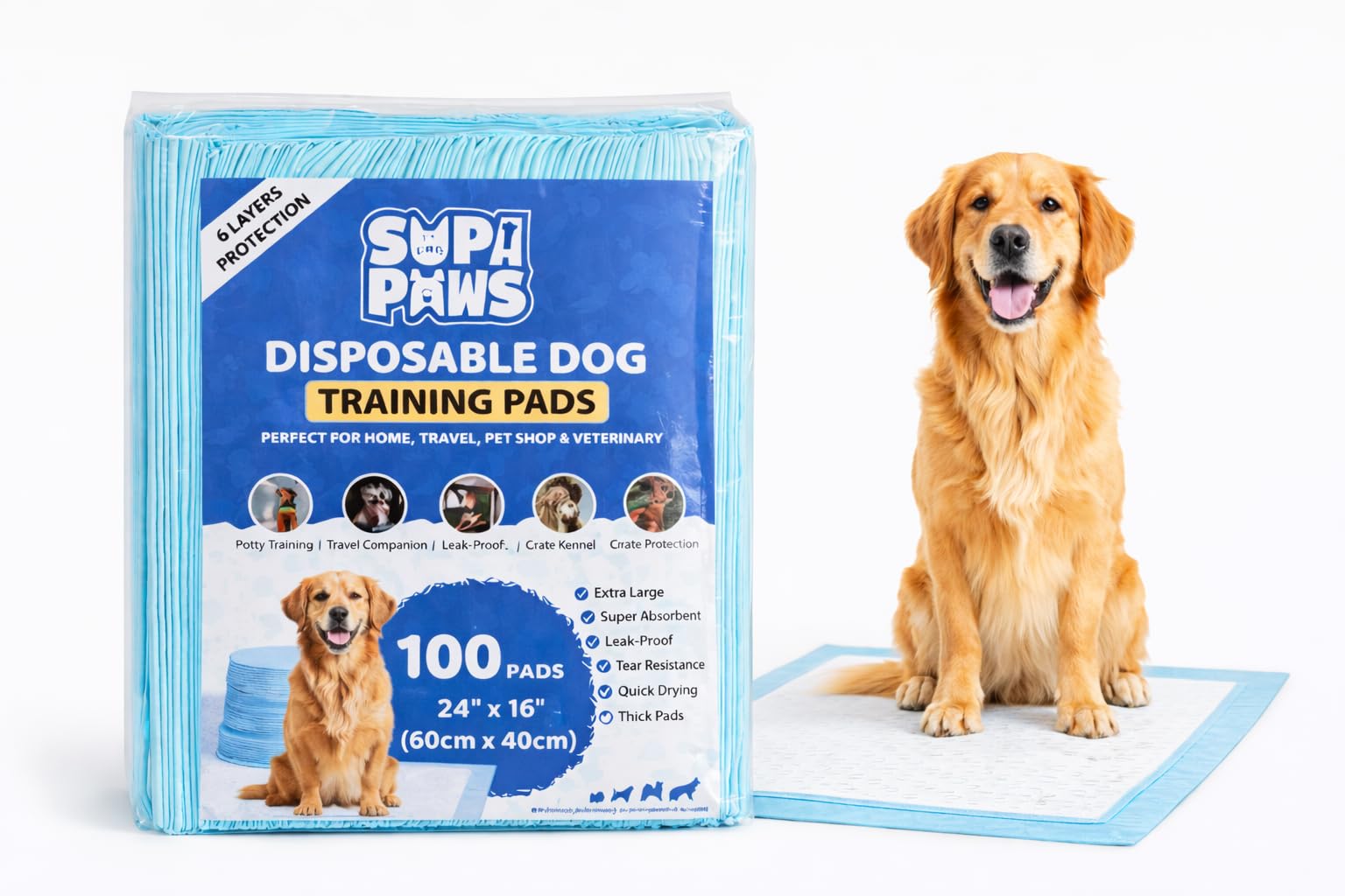 Supa Paws Blue Pack Of 100 Large Dog Pee Pads 60 X 40Cm 6 Layers Puppy Potty Training Pads For Dogs Super Absorbent Leak Proof Quick Dry Disposable Pads For Puppies Waterproof Odour Control Floor Protection Dog Pads
