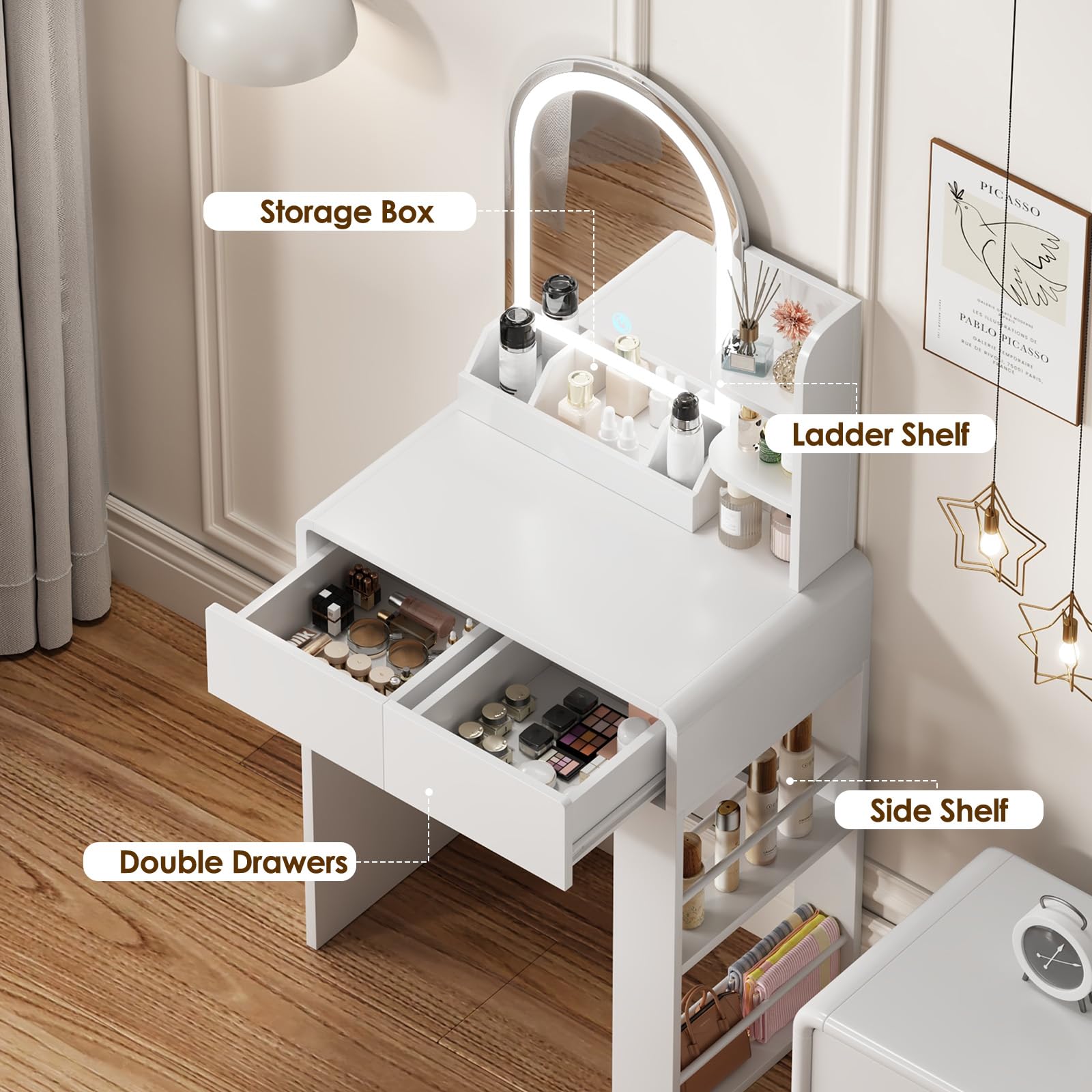 Vanity Table for Girls, Compact Vanity Desk with Side Shelf Storage Space, Dressing Table in Bedroom, Modern Round Curved Design, White