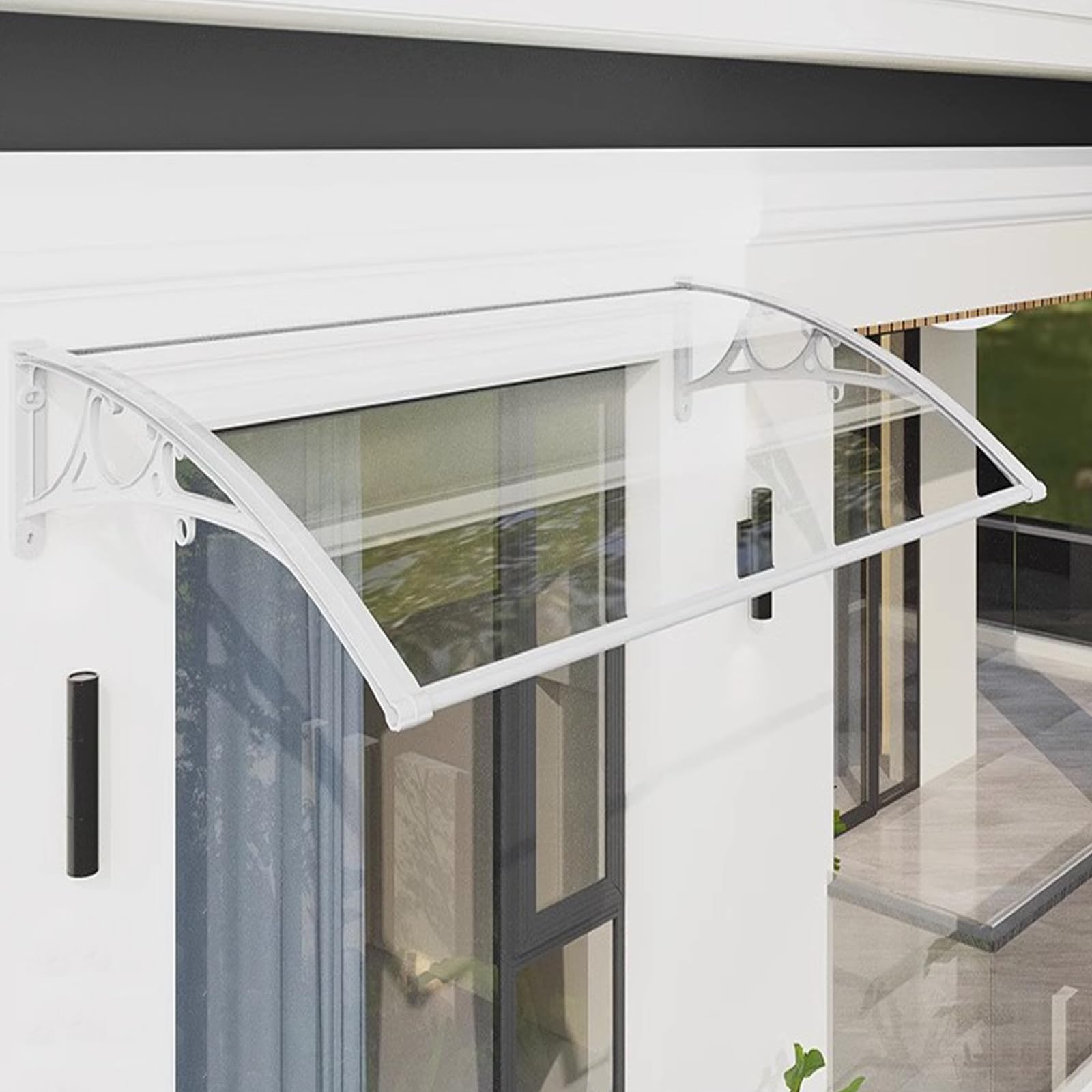 Toldo curvado de aluminio para puerta y ventana con soportes blancos, 60 x 230 cm, refugio de patio al aire libre para patio, villa y jardín, protección duradera contra la intemperie