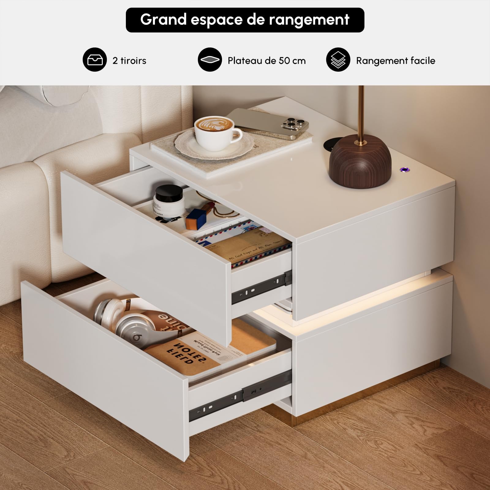 Homary Table de Chevet LED Lot de 2 avec Éclairage Réglable et Station de Recharge sans Fil, Bois MDF, Petit Meuble de Rangement pour Chambre Adulte (2, 2 Tiroirs: Blanc)