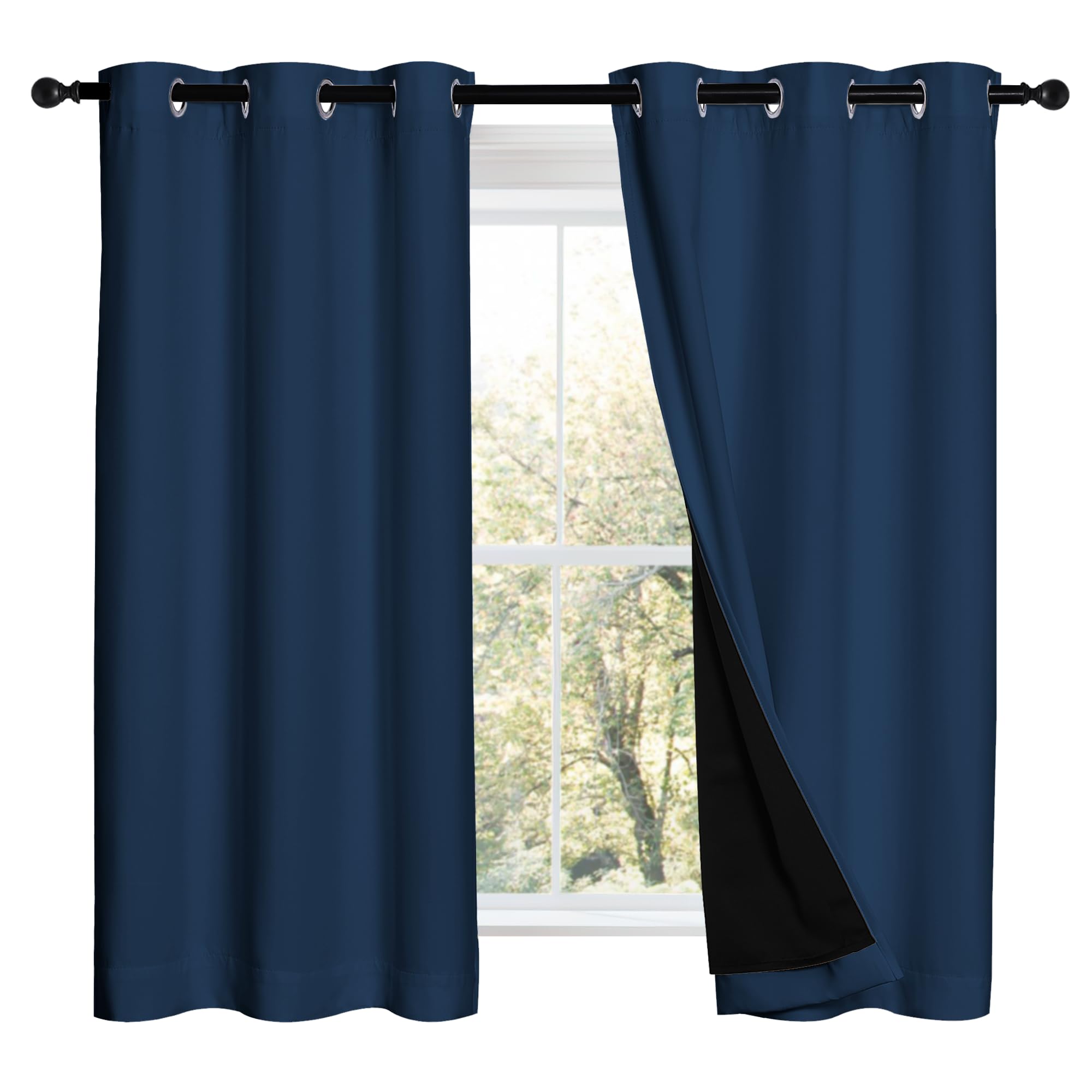 NICETOWN Moroccan Blue 100% Blackout Curtains 2 Panels with Black Liners, Thermal Insulated Full Blackout 2-Layer Lined Drapes, Noise Cancellation Window Draperies for Dining Room (42" W by 54" L)