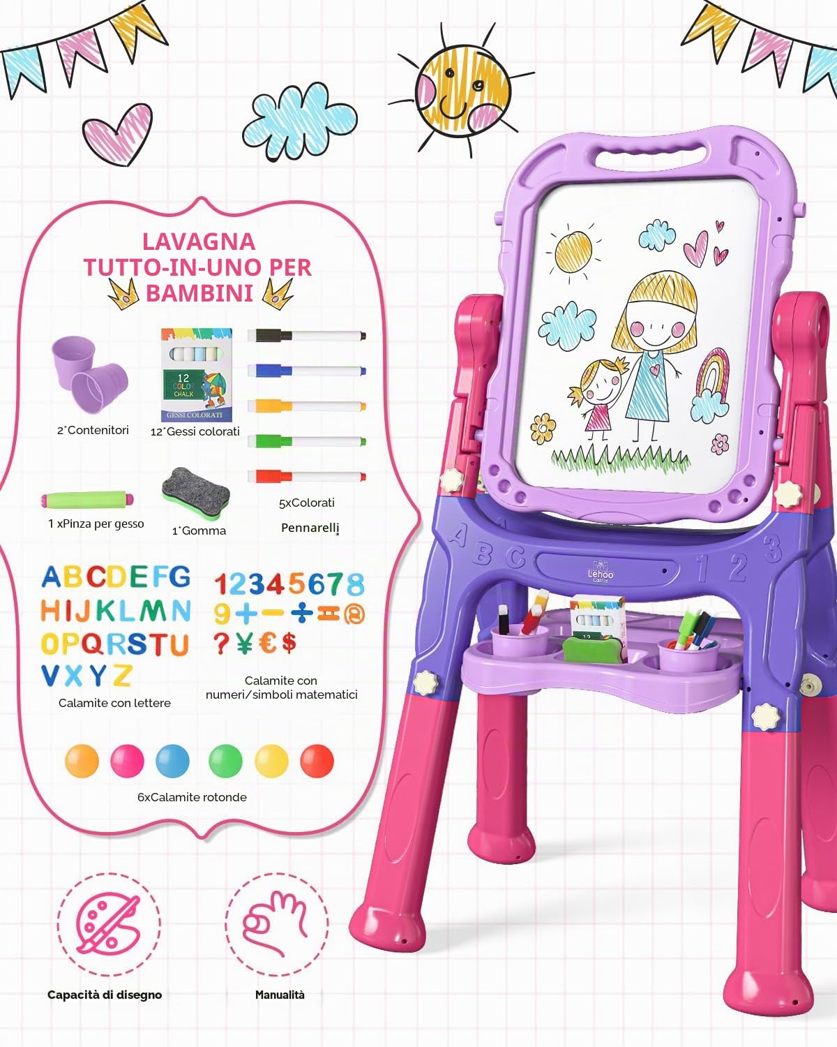 Lehoo Castle Lavagna per Bambini, 4 in 1 Lavagna Magnetica per Bambini, 360° Cavalletto Pitturai Regolabile Altezza, Giocattolo Educativo 3+ Anni(Viola)