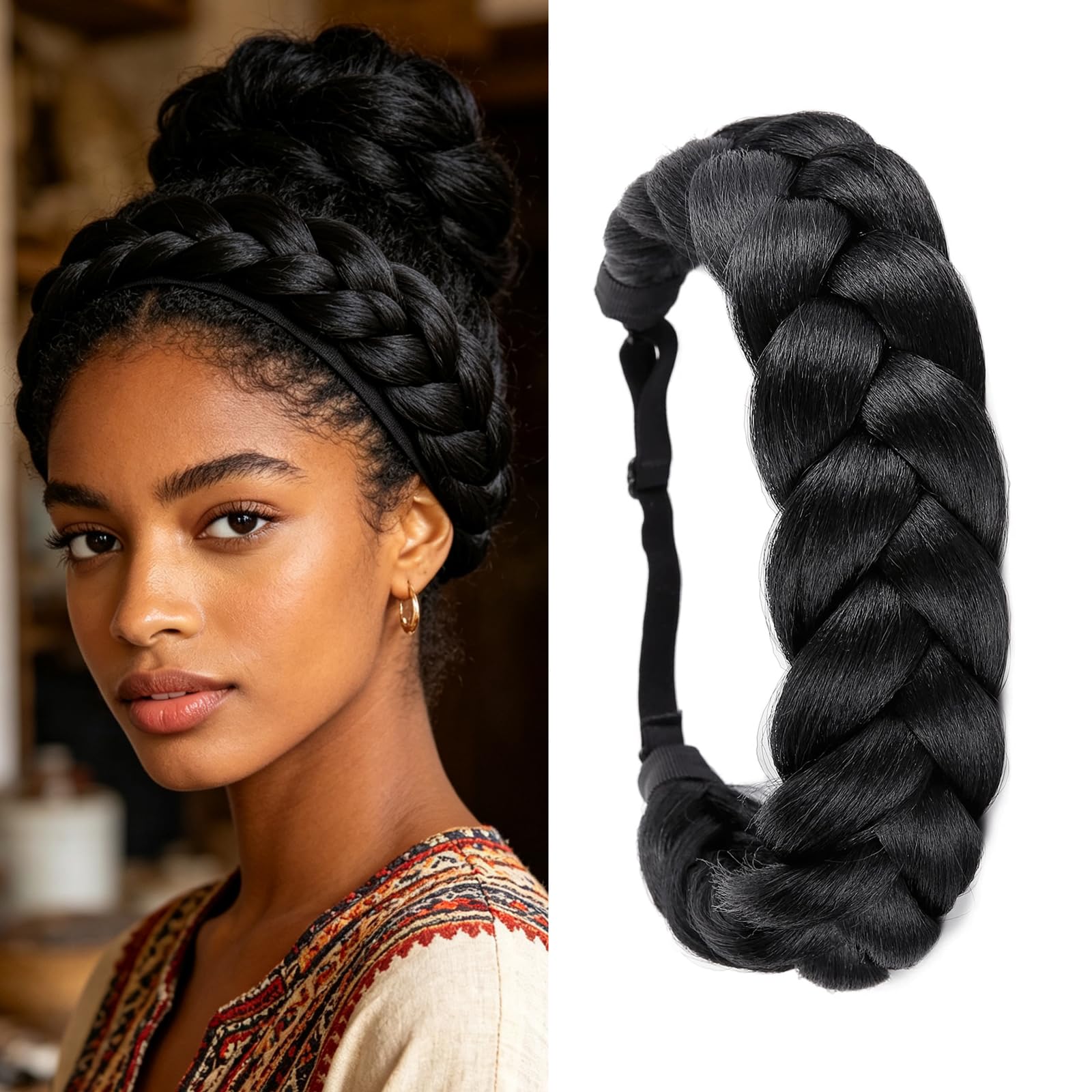 STHEJFB Bohemian Braided Headband Oversized Classic Wide Braids Adjustable Elastic Strap Synthetic Wig Headband Women's Braids Beauty Accessories (