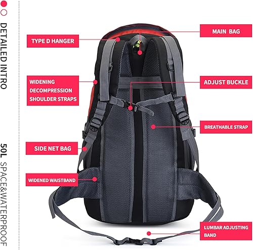 Miniatura 8 de Bseash Mochila de senderismo de 50 L, resistente al agua, ligera, para deportes al aire libre, bolsa de viaje para camping, escalada, turismo, Rojo