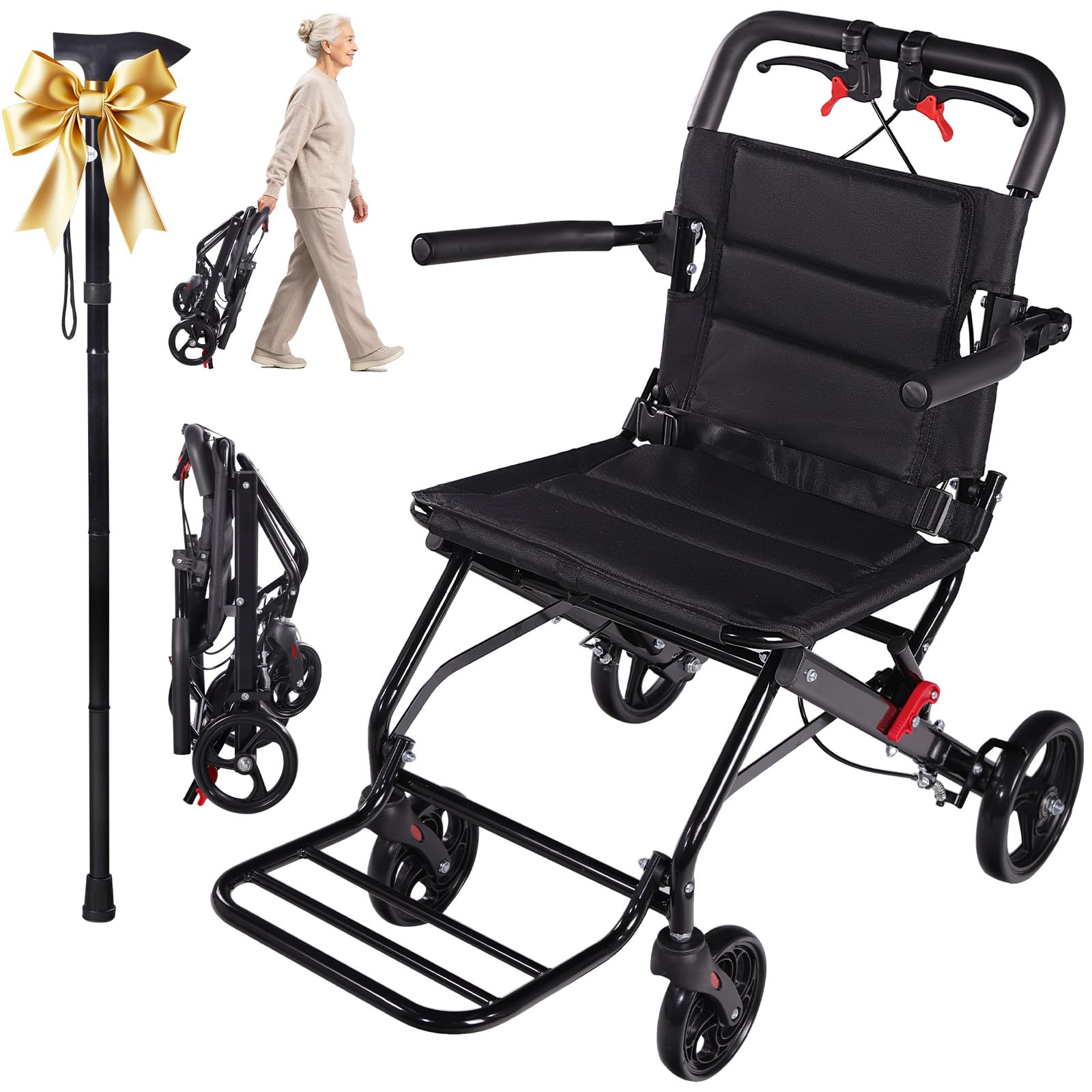 Aevi Premium Lightweight Transport Wheelchair for Adults, Foldable Carbon Steel Travel Wheelchair with Flip-Up Armrests, Compact Mobility Chair with Safety Brakest