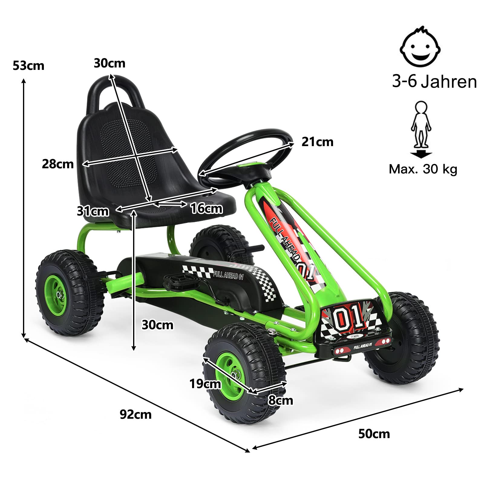 DREAMADE Gokart mit Handbremse & verstellbarem Sitz, Tretauto Tretfahrzeug mit geschlossenem Kettenkasten & Vor- und Rückwärtsgang, Pedal Go Cart für Kinder 3-6 Jahren, bis 30 kg belastbar (Grün)