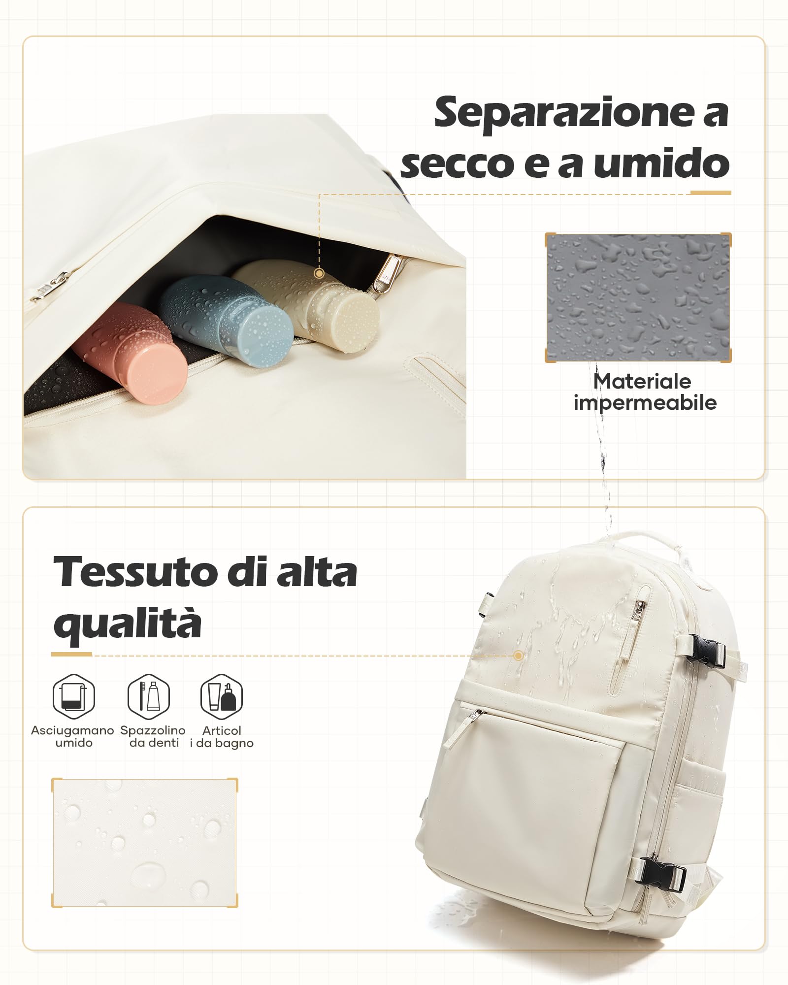 Zaino da Viaggio con Sottovuoto Incorporato, Zaino Easyjet Wizzair Bagaglio a Mano Ryanair, Zaini Vacuum Backpack Impermeabile Donna Uomo(Beige)