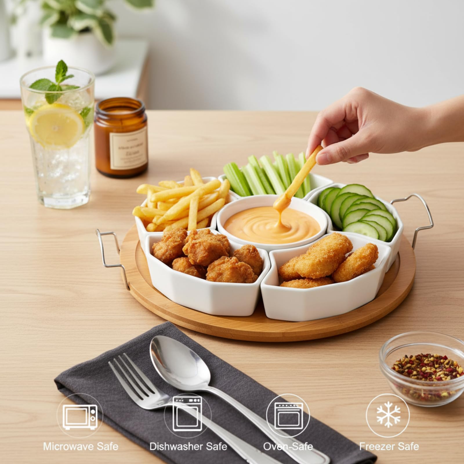 ZENFUN Plateau de Service et Plateau de 27,9 cm avec Plateau en Bambou, 6 Compartiments Amovibles, pour Frites, Fruits, Condiments