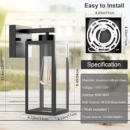 Miniatura 7 de Tipace Paquete de 2 faroles de pared para exteriores con sensor de atardecer a amanecer, accesorios de luz exterior con sensor negro mate, aplique