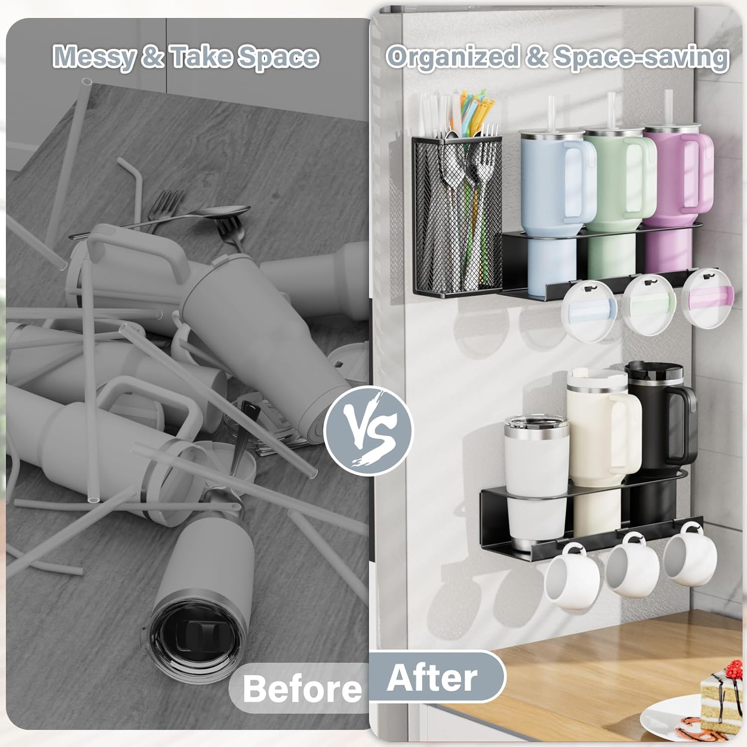 OVICAR Magnetic Cup Holder for Stanley 20/30/40oz - 2 Pack Tumbler Organizer for Refrigerator - Water Bottle Organizer with Straw Basket & 6 Hooks Tumbler Cup Lids Accessories Storage Black - Image 5