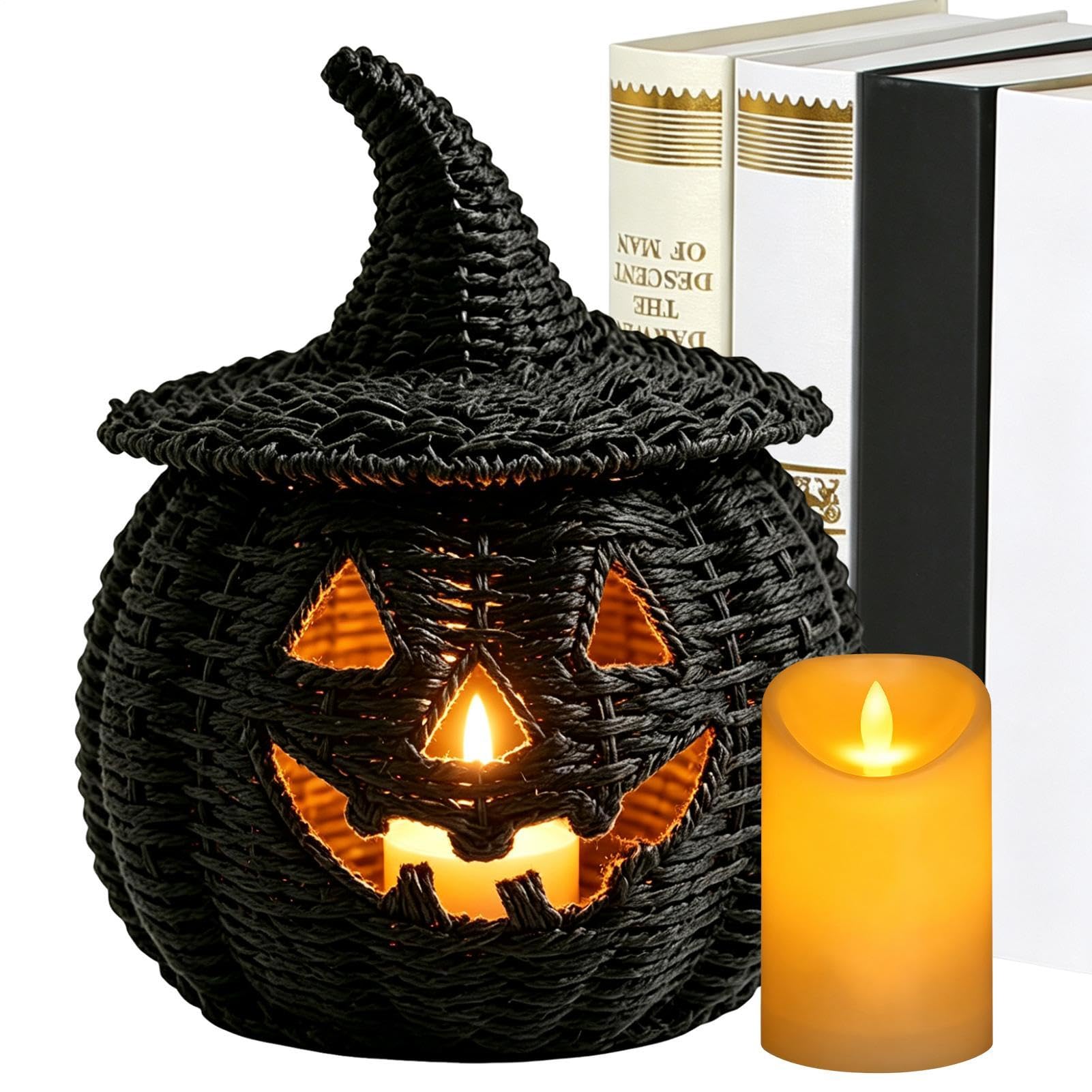 Tkana dynia Halloween Halloween pojemnik do przechowywania ze świecą LED | Ręcznie wykonany kosz na cukierki do domu salonu biurko kominek stół do jadalni wejście ganek przyjęcie świąteczne