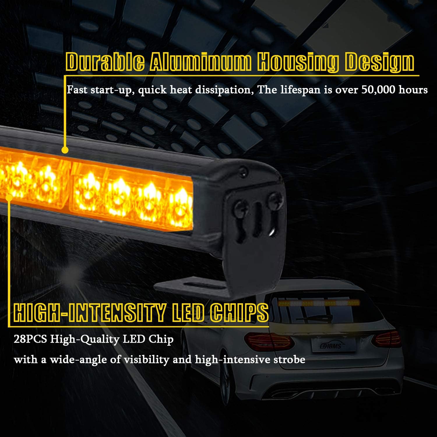DIBMS LED Emergency Strobe Light Bar 13 Flash Patterns Traffic Advisor Warning Hazard Windshield Safety Lights Bar with Cigar Lighter for Vehicles Cars Trucks Pickup SUV (Amber)