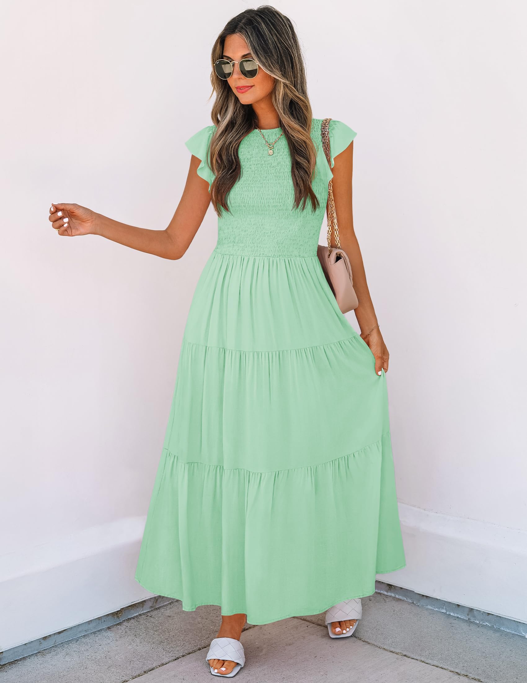 ZESICA - Vestido de Manga Corta con Volantes y Manga Corta para Mujer, Cuello Redondo, Fruncido, Cintura elástica, Verano