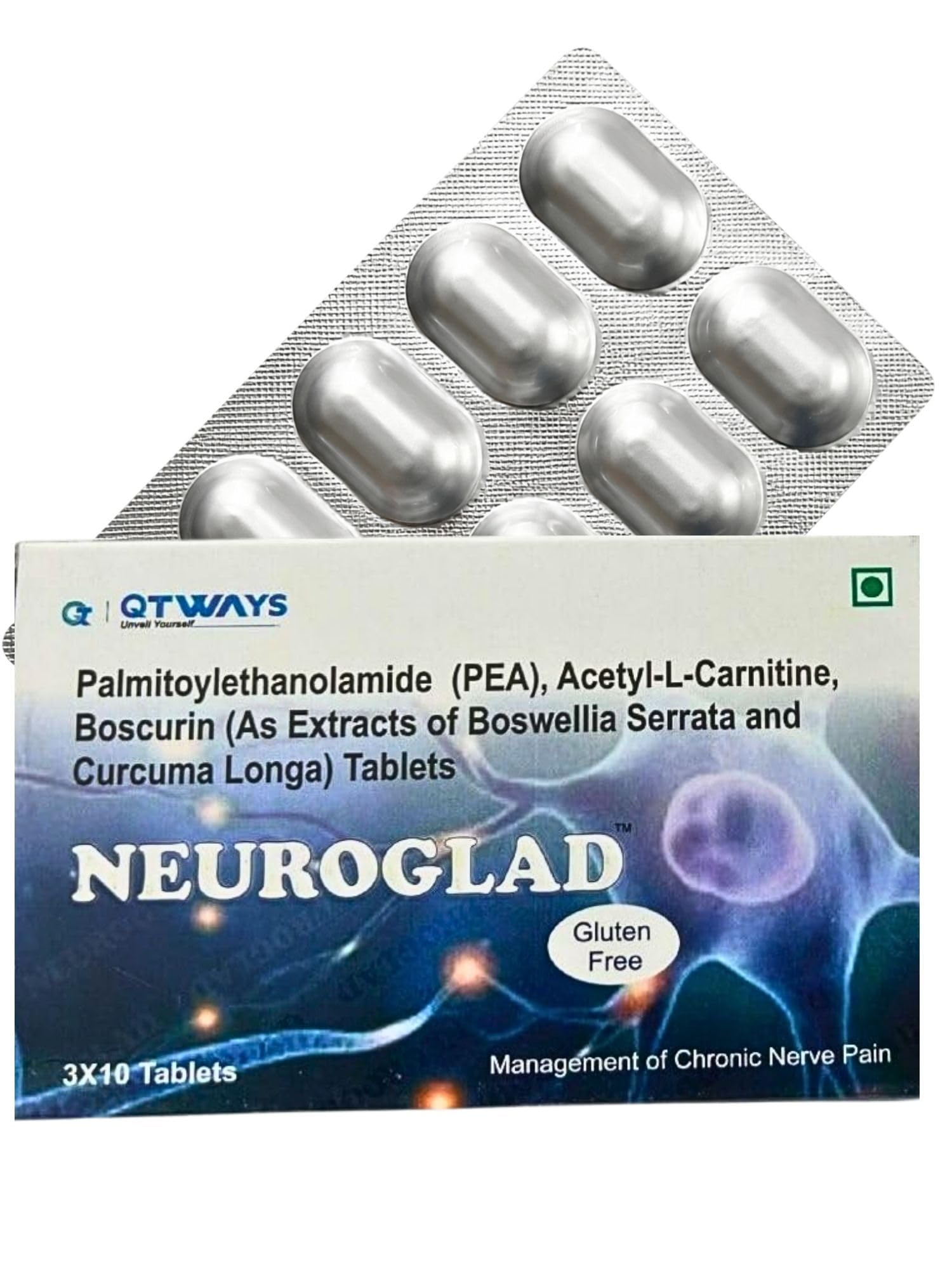 acetyl-l-carnitine for nerve pain QTWAYS Neuroglad Neuro Care Tablets(60 Tablets) | PEA 300mg + 250mg | Pain, Neuropathy, Sciatica & Cognitive Support Pure Ground Glutathione Tone-Up toprev Choose Kit:Anti Aging (with Peptides)