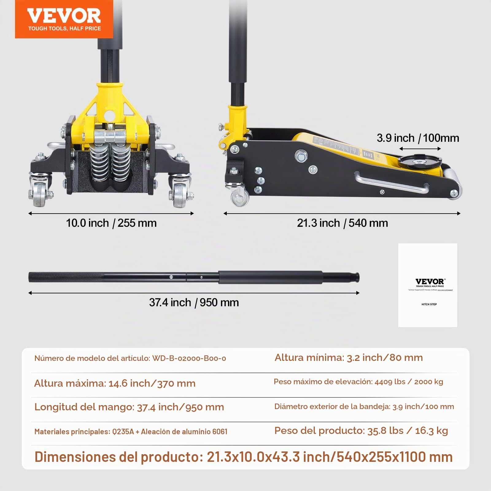 VEVOR Gato Hidráulico de Piso de Perfil bajo de 2 Toneladas, de Aluminio Resistente, para Carreras, con Bomba de Elevación Rápida de Doble Pistón, Rango Elevación de Altura de 80-370 mm(Amarillo)