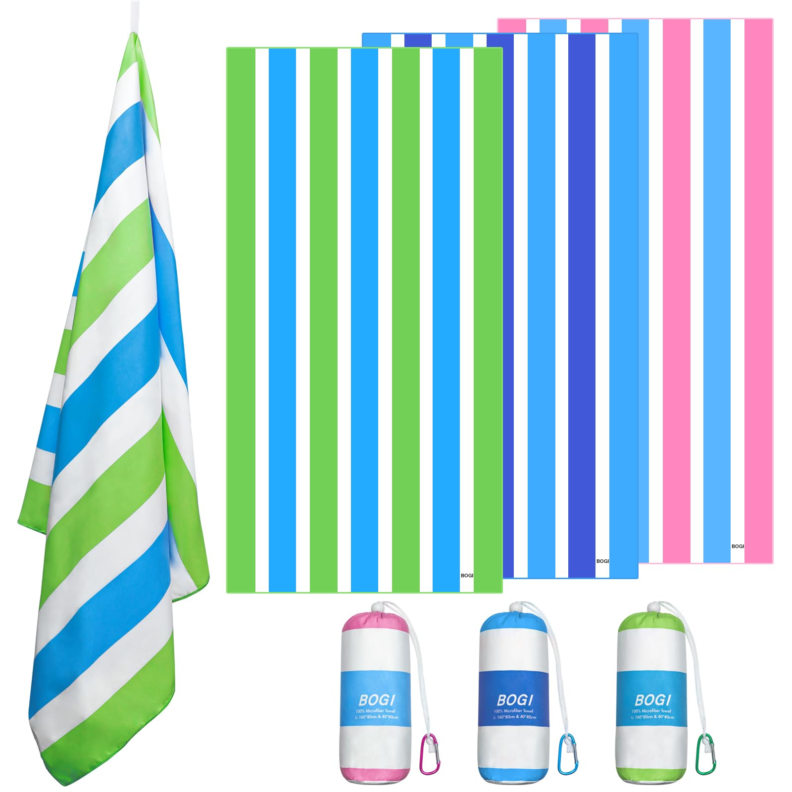BOGI Microfiber Large Beach Towel for Adult,Quick Dry Lightweight Beach Towel- Recycled,Sand Proof & Compact Absorbent for Travel Bath Swim Yoga (L:165cm*80cm+40cm*40cm-Green blue) โ image 1
