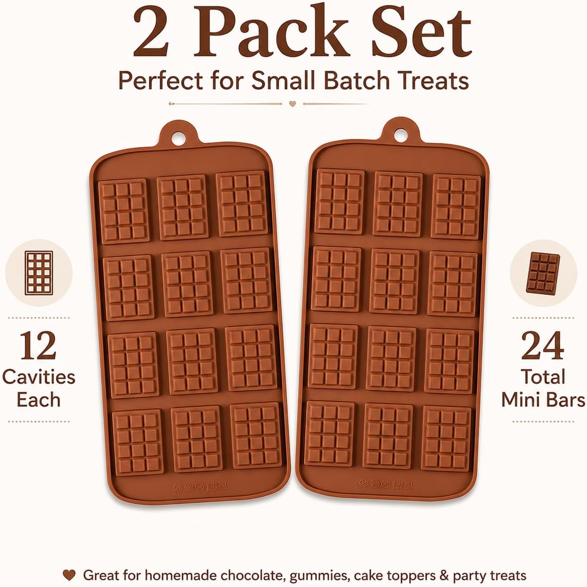 2 Pack Thin Mini Chocolate Break Apart Bar Silicone Molds, Mini Waffle Candy Molds for Chocolate, Gummies, Fondant, Cake Toppers, Party Treats & Gift Boxes image 4