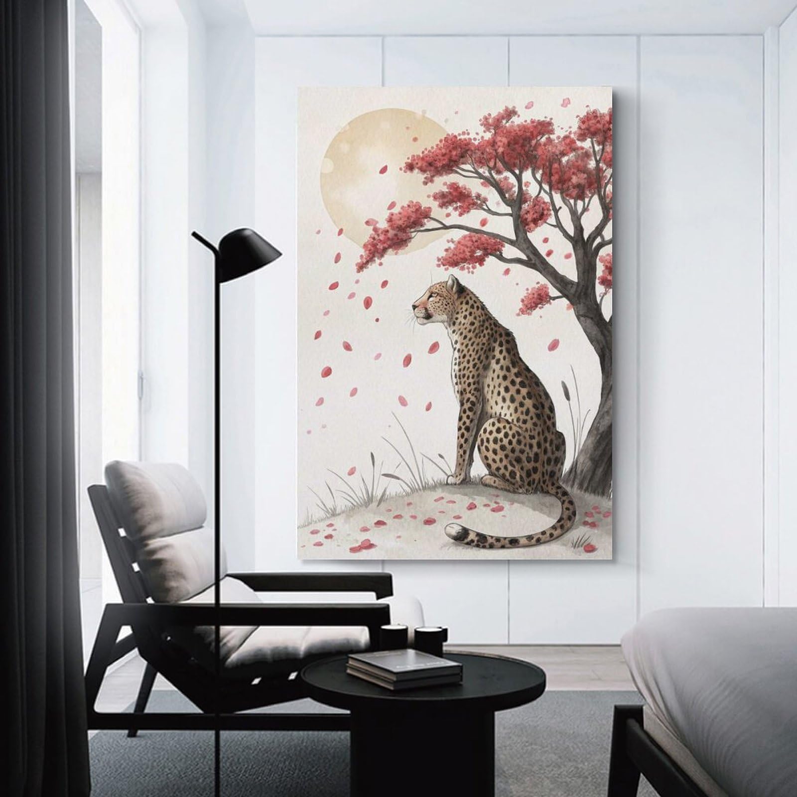 Junmoney Cheetah Under A Cherry Blossom Tree Hanging Wall Art 08x12inch(20x30cm), for New Homes, Bedrooms Or Workspaces, Thoughtful Wall Decor for Art Lovers