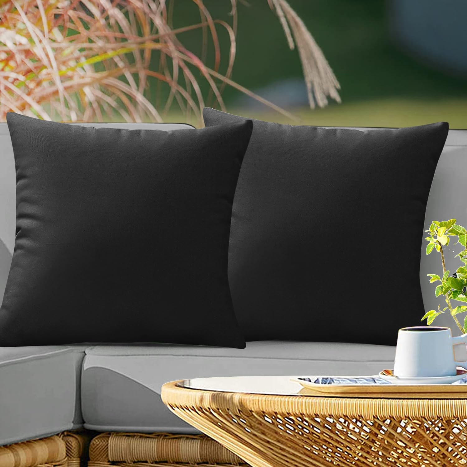 VAKADO Outdoor Waterproof Throw Pillow Covers 16X16 Set of 2 Decorative Black Patio Furniture Cushion Cases Outside Decor for Couch Garden Bench Porch