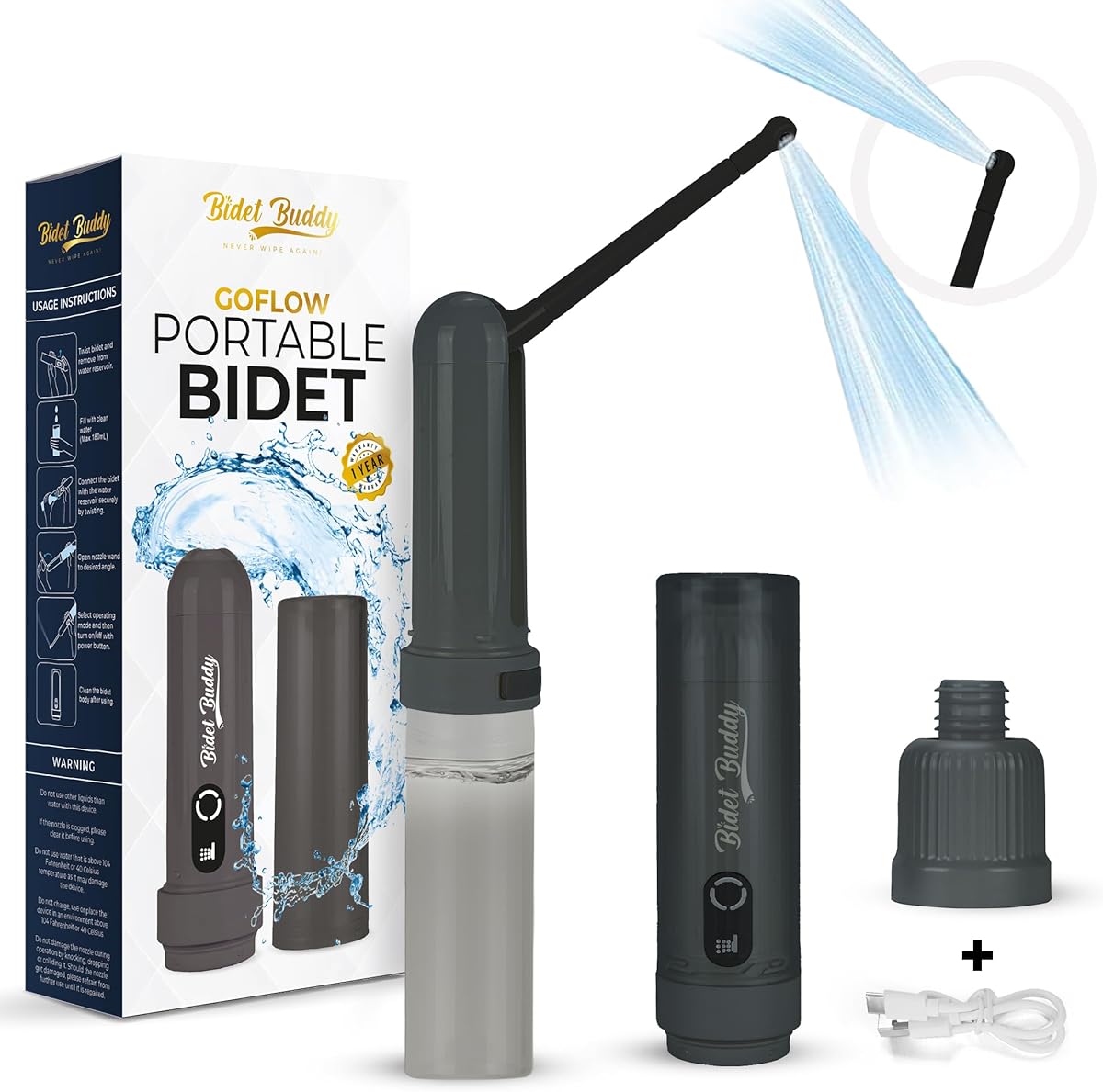 BIDET BUDDY® GoFlow Portable Bidet for Travel | Electric Handheld Rechargeable Bidet Sprayer | Waterproof Medium Pressure Personal Cleaning Device for Women, Men, Baby & Postpartum | USB C - 180ml